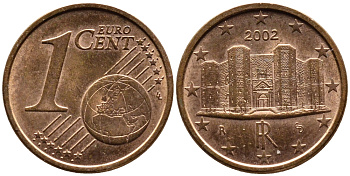 Италия 1 евроцент 2002 KM 210 сталь плакированная медью 220-469