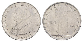 Ватикан 100 лир 1961 Иоанн XXIII KM 64 нержавеющая сталь UNC 4648-651