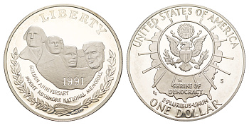 США 1 доллар 1991 S, 50 лет мемориалу президентов, гора Рашмор KM 229 серебро  PROOF  1091-10-14