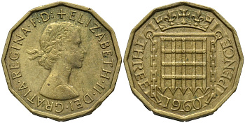 Великобритания 3 пенса 1960 Елизавета II (1952-2022) KM 900, Spink 4153 никель латунь 4171-546