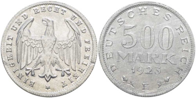 ГЕРМАНИЯ 500 МАРОК 1923 E KM 36, J. 305, Weege 23 алюминий 210-435