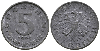АВСТРИЯ 5 ГРОШЕЙ 1966 KM 2875 цинк 26-1151