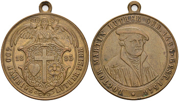 Германия медаль 1883 400 лет со дня рождения МАРТИНА ЛЮТЕРА, реформаТОРА, диаметр 30,5 мм., С УШКОМ ДЛЯ НОШЕНИЯ Whiting 757, Schnell 351 бронза 06-204-22