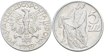 Польша 5 злотых 1959 MW, рыбак KM 47 алюминий 4542-946