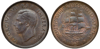 Южная Африка 1/2 пенни 1952 Георг VI, парусник, густая патина KM 33 бронза PROOF 1531-712