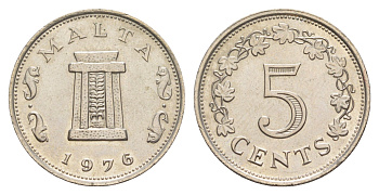 Мальта 5 центов 1976 Ритуальный алтарь в храме Хаджар-Ким KM 10 медно-никель UNC 4648-1052