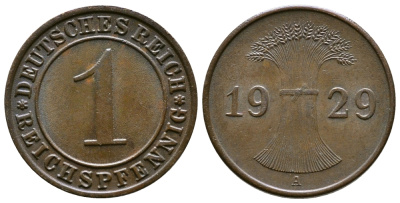 ГЕРМАНИЯ 1 РЕЙХСПФЕННИГ 1929 A KM 37, J. 313 бронза 4380-1157