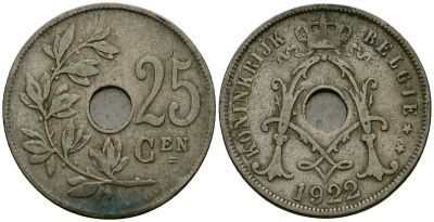 Бельгия 25 сантимов 1922 Belgie KM 69 медно-никель 4165-842