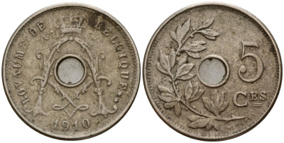 Бельгия 5 сантимов 1910 Belgique, Альберт I (1909-1934) KM 66 медно-никель 4189-752
