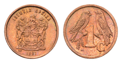 ЮАР 1 цент 1997 герб, капские воробьи KM 170 сталь плакированная медью UNC 4694-224
