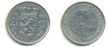 Нидерланды 2 1/2 гульдена 1969 Юлиана (1948-1980) KM 191 никель 84-1244
