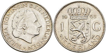 Нидерланды 1 гульден 1965 Юлиана (1948-1980) KM 184 серебро 210-157