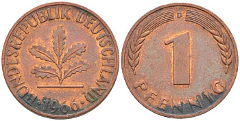 ФРГ 1 ПФЕННИГ 1966 D KM 105, J. 380 сталь плакированная медью 116-357