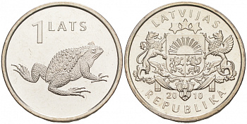 Латвия 1 лат 2010 лягушка, жаба KM 108 медно-никель UNC M13-07
