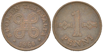 Финляндия 1 пенни 1968 KM 44 медь 4618-216