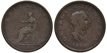 Великобритания 1/2 пенни 1806 Георг III (1760-1820) KM 662, Spink 3781 медь 189-121