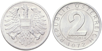 Австрия 2 гроша 1972 KM 2876 алюминий aUNC 4613-1153