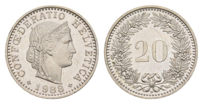 Швейцария 20 раппенов 1988 B KM 29a медно-никель UNC 4623-513