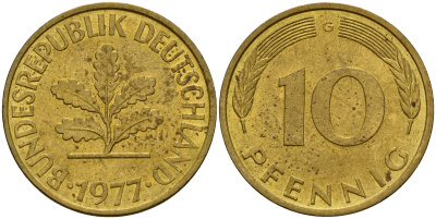 ФРГ 10 пфеннигов 1977 G J. 383, KM 108 сталь плакированная латунью    4603-434