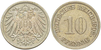 Германия 10 пфеннигов 1906 A KM 12, J. 13, Weege 8 медно-никель 259-915