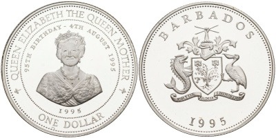 Барбадос 1 доллар 1995 95 лет со дня рождения Королевы-матери KM 65 серебро PROOF 1096-4-25