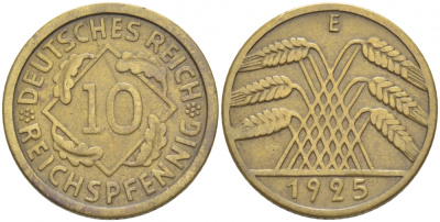 ГЕРМАНИЯ 10 РЕЙХСПФЕННИГОВ 1925 E KM 40 , J.317 алюминиевая бронза 4539-1022