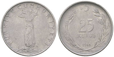 Турция 25 курушей 1961 KM 892.2 нержавеющая сталь 4584-424