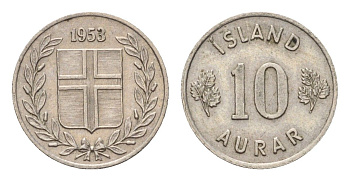 Исландия 10 эйре 1953 KM 10 медно-никель aUNC 4690-655