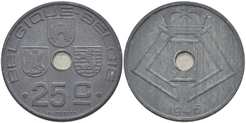 БЕЛЬГИЯ 25 САНТИМОВ 1946 BELGIQUE-BELGIE, ГЕРМАНСКАЯ ОККУПАЦИЯ, ВТОРАЯ МИРОВАЯ ВОЙНА, ЛЕОПОЛЬД III (1934-1950) KM 131 цинк 119-411