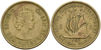 Британские Восточно-Карибские территории 5 центов 1955 Елизавета II (1952-2022), парусник KM 4 никель латунь 4566-943