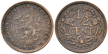 Нидерланды 1/2 цента 1922 Вильгельмина (1890-1948) KM 138 бронза 4576-429