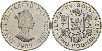 Олдерни 2 фунта 1989 королевский визит KM 1 медно-никель 00-00