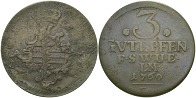 Саксен-Веймар-Эйзенах 3 пфеннига 1760 FS, Анна Амалия Брауншвейгская (1758-1775) KM 34, Koppe 593, Slg. Merseburger 3999 медь 65-556