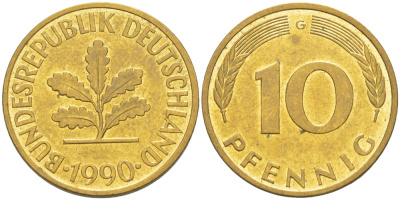 ФРГ 10 ПФЕННИГОВ 1990 G KM 108, J. 383 сталь плакированная латунью 4182-955