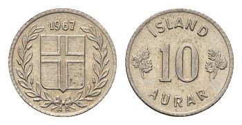 Исландия 10 эйре 1967 KM 10 медно-никель aUNC 4690-724