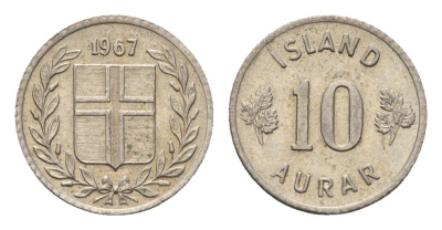 Исландия 10 эйре 1967 KM 10 медно-никель aUNC 4690-724