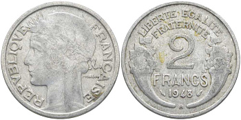 Франция 2 франка 1948 В KM 886a.2, LE FRANC 269.13 алюминий 109-1232