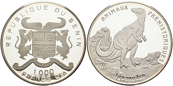 Бенин 1000 франков 1995 игуанодон KM 28 серебро PROOF 01-077-24