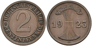 Германия 2 рентенпфеннига 1923 A KM 31, J.307, Weege 3 медь 4584-552