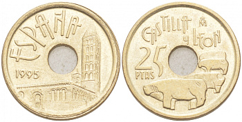 Испания 25 песет 1995 Кастилья и Леон (Castilla y Leon), Хуан Карлос I (1975-2014) KM 948 латунь 4549-849