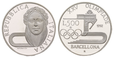 Италия 500 лир 1992 XXV Летние Олимпийские игры, Барселона 1992 KM 153 серебро PROOF 413-6342