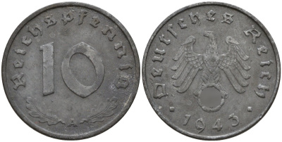 Германия 10 рейхспфеннигов 1943 A KM 101, J.371 цинк 4151-227