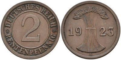 Германия 2 рентенпфеннига 1923 A KM 31, J.307, Weege 3 медь 4584-552