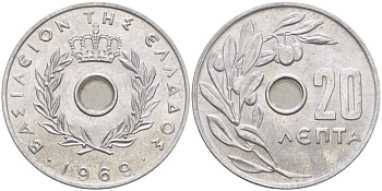Греция 20 лепта 1969 Константин II (1964-1974), оливковая ветвь KM 79 алюминий UNC 28-946