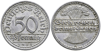 ГЕРМАНИЯ 50 ПФЕННИГОВ 1921 A KM 27, J. 301 алюминий 24-1036