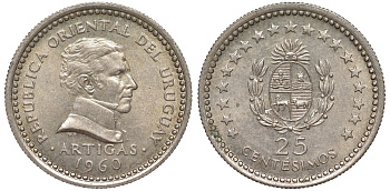 Уругвай 25 сентесимо 1960 KM 40 медно-никель 4580-836
