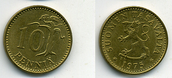 ФИНЛЯНДИЯ 10 ПЕНИИ 1975 KM 46 алюминиевая бронза 61-1232