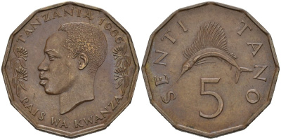 Танзания 5 центов 1966 KM 1 бронза 4579-127