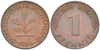 ФРГ 1 ПФЕННИГ 1966 G KM 105, J. 380 сталь плакированная медью 4181-541