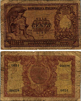 Италия 100 лир 1951 Афина в шлеме, Bolaffi, Cavallaro Pick 92 a бумага 7484-14-1